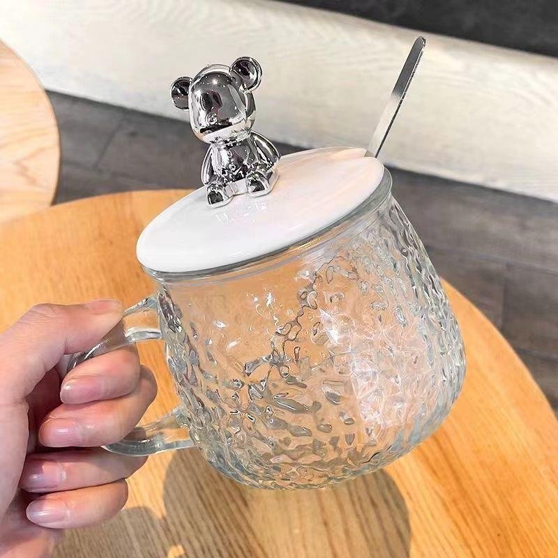 Wholesale 400ml Ins style high beauty mug with lid and spoon glass cup home office coffee cup