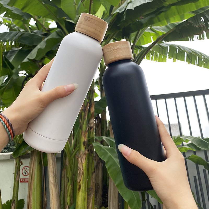 Eco friendly 304 double wall wood grain stainless steel vacuum flask wooden top lid