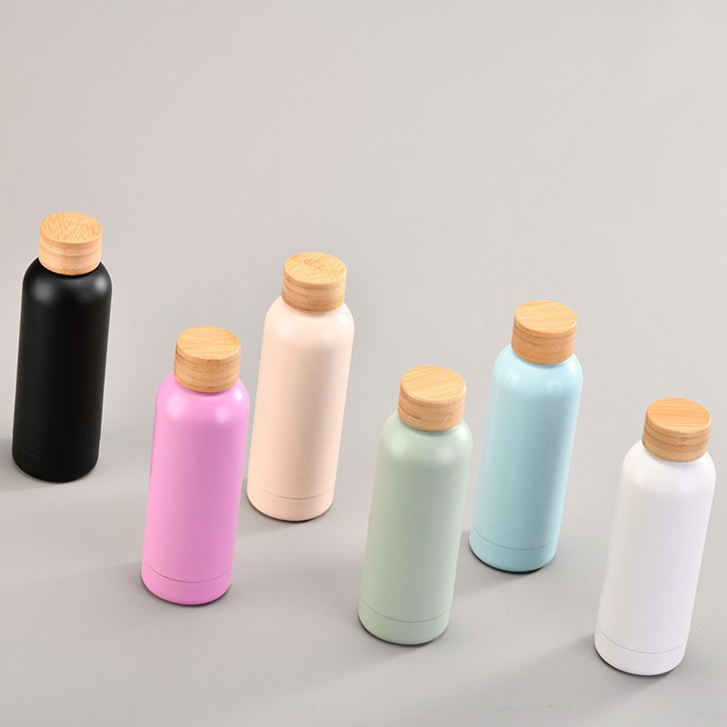 Eco friendly 304 double wall wood grain stainless steel vacuum flask wooden top lid