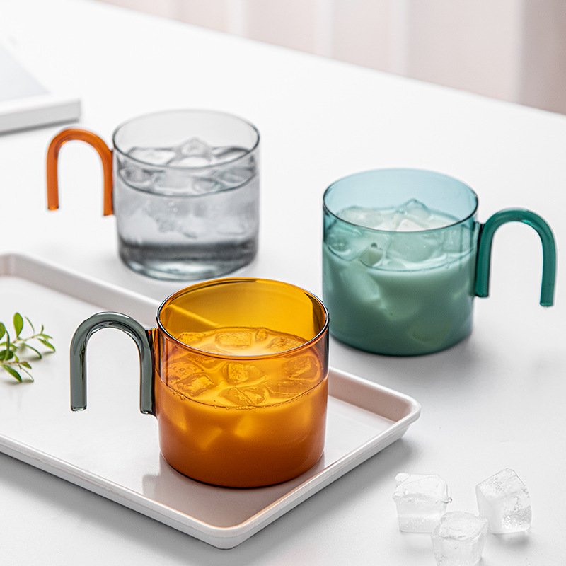 300ML INS Style Colored Glass Coffee Mug Heat-resistant Handgrip Breakfast Milk Tea Juice Cup Microwave Safe Birthday Gift