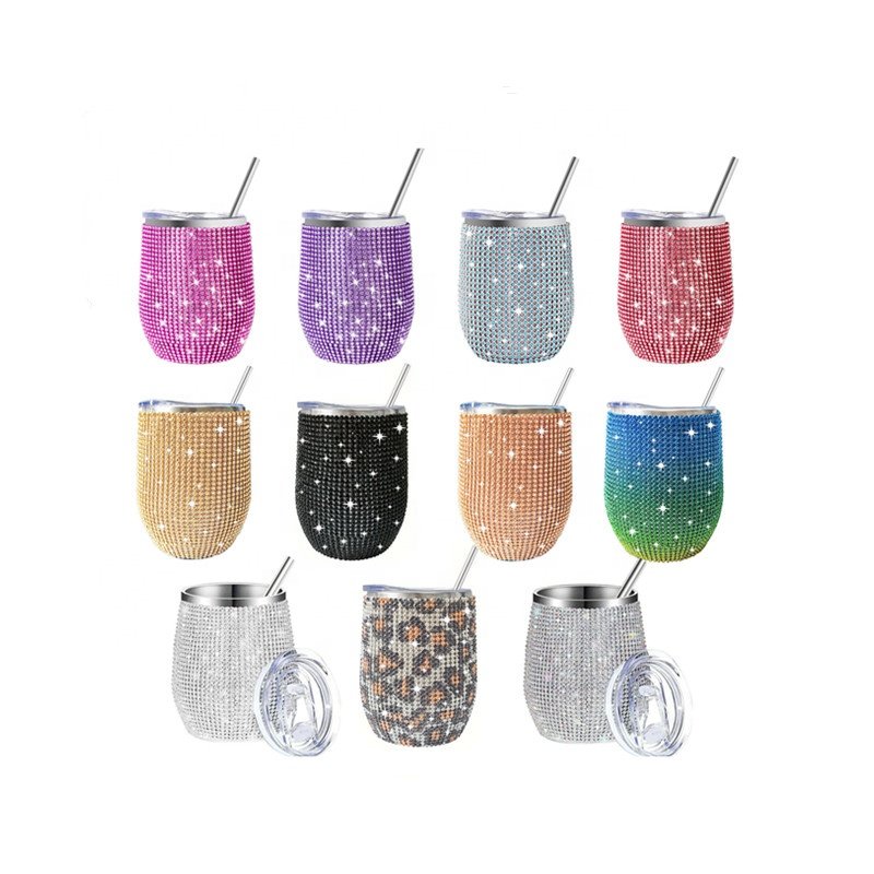 Bling Diamond 12ozU wine mug Double stainless steel diamond thermos cup Pot belly egg tumbler with straw