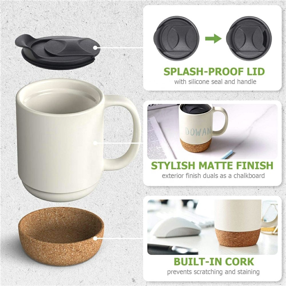 15oz Large Ceramic Coffee Mugs with Insulated Cork Bottom and Splash Proof Mug Lid Custom Travel Sublimation Porcelain