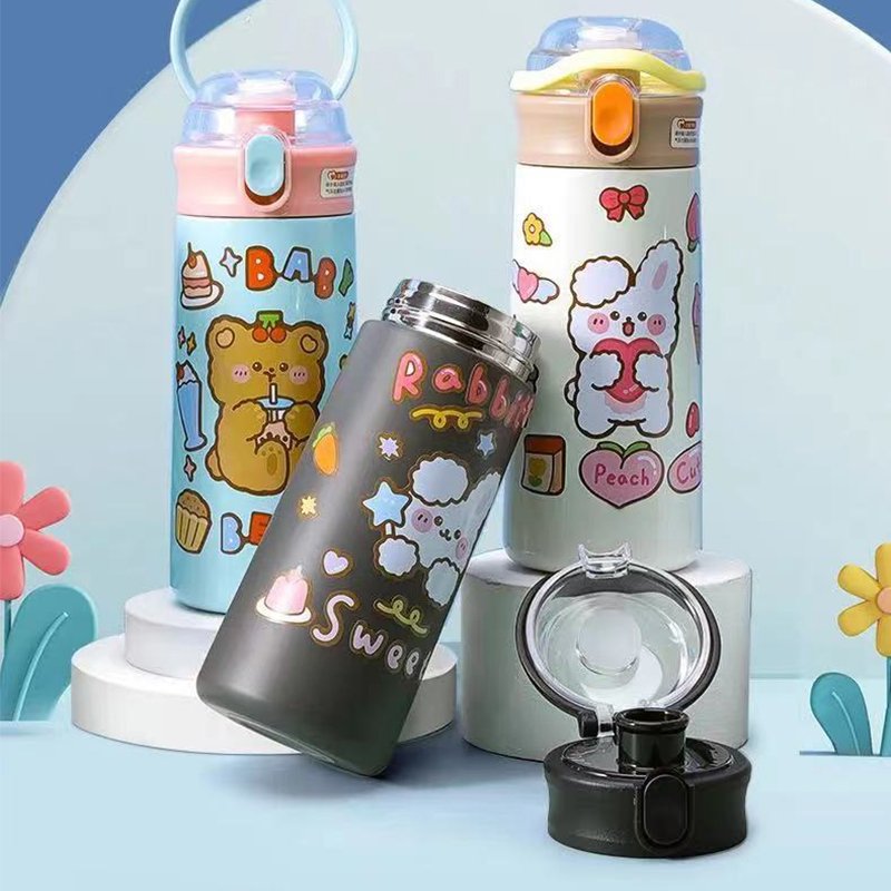 Wholesale 500ml Stainless Steel Children Cute Cartoon Vacuum Flasks Kids Tumbler Thermos Mug Thermal Water Bottle With Straw
