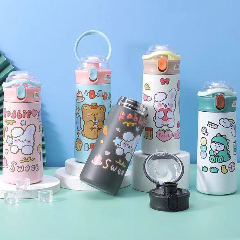 Wholesale 500ml Stainless Steel Children Cute Cartoon Vacuum Flasks Kids Tumbler Thermos Mug Thermal Water Bottle With Straw