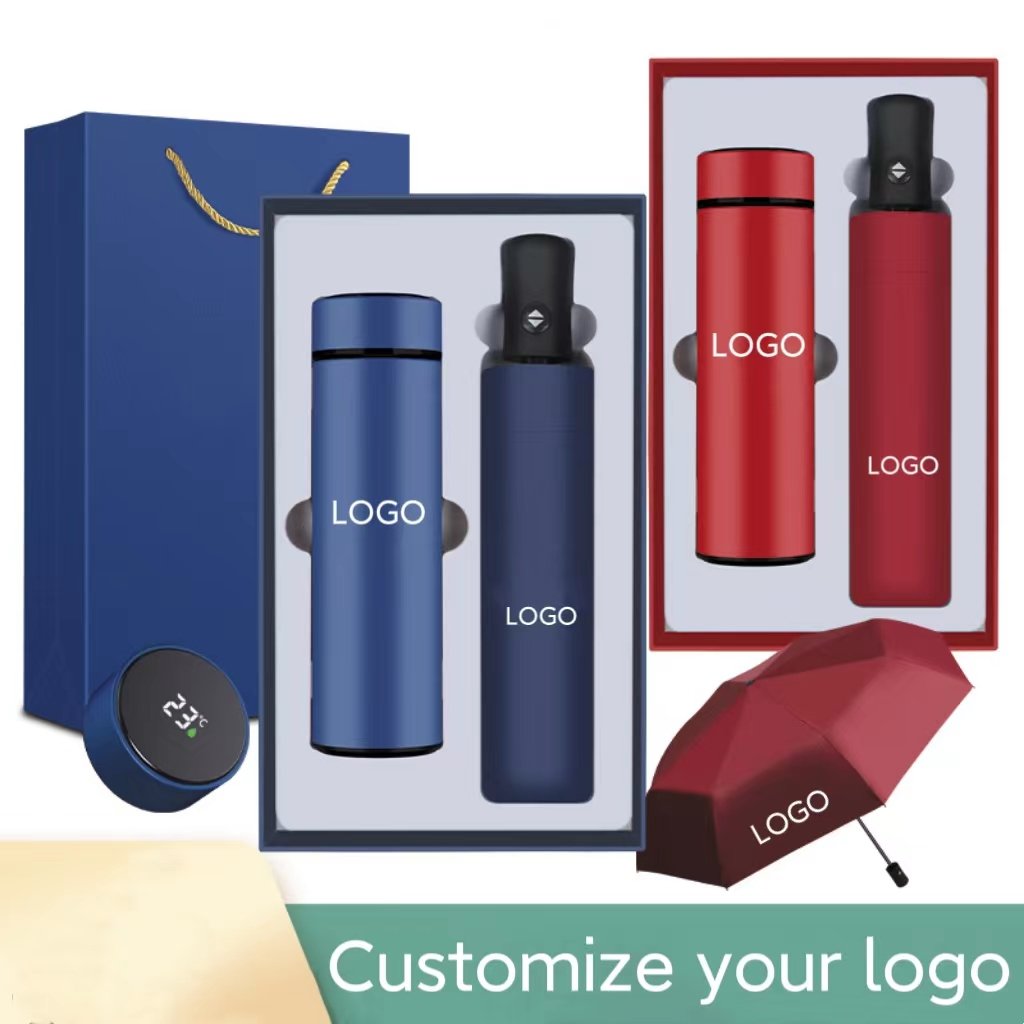 High Quality Business Insulated Custom Gift Logo 304 Stainless Steel coffee Vacuum flask Set 450ml Cup Umbrella Gift Box