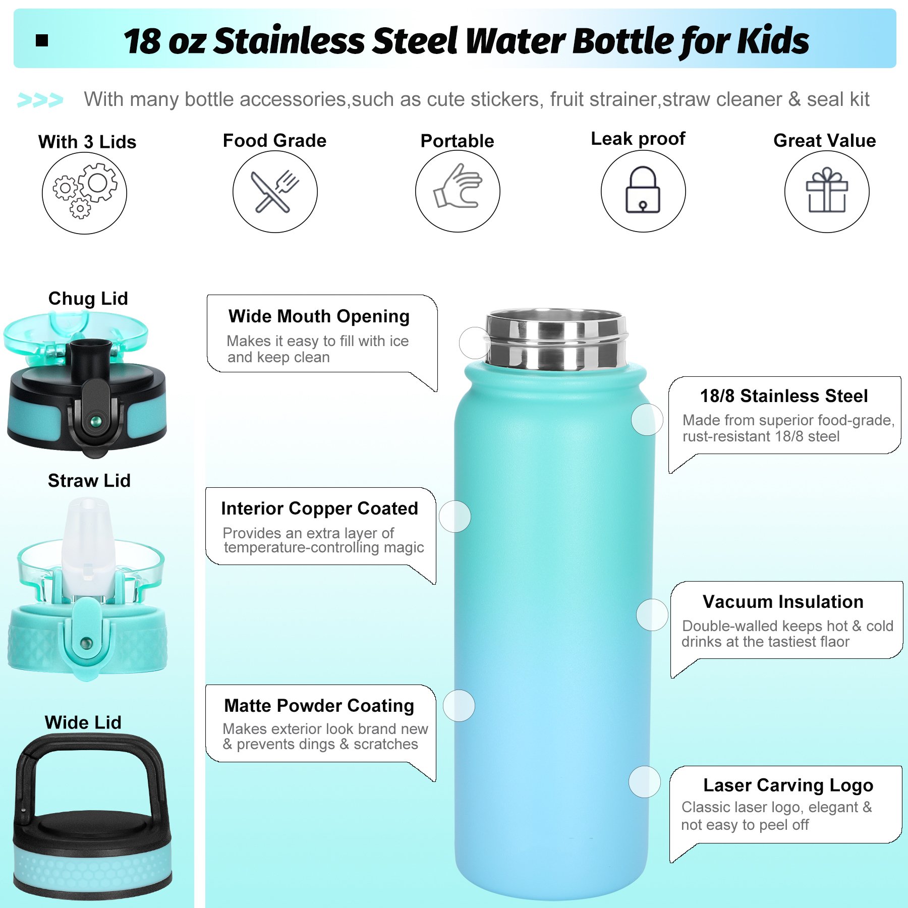 Double Wall Water Bottle Stainless Steel Flask Sports Bottle with Handle Lid vacuum insulated stainless steel 12oz 32oz 20oz