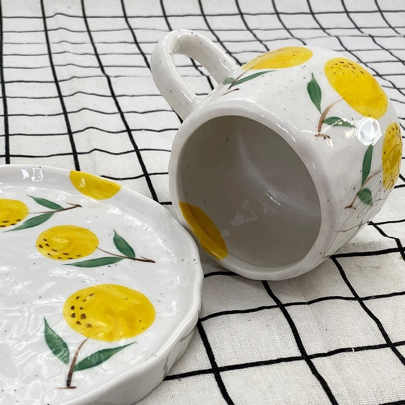 Retro Fruit Breakfast Cup Saucer Strawberry Persimmon Orange Hand-Painted Underglaze Decorative Vintage Ceramic Mug With Tray