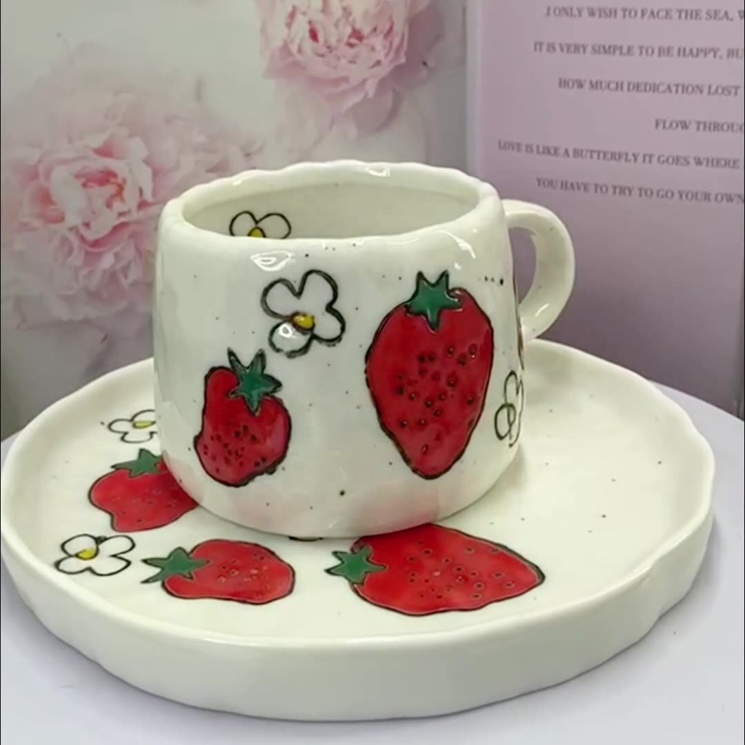 Retro Fruit Breakfast Cup Saucer Strawberry Persimmon Orange Hand-Painted Underglaze Decorative Vintage Ceramic Mug With Tray