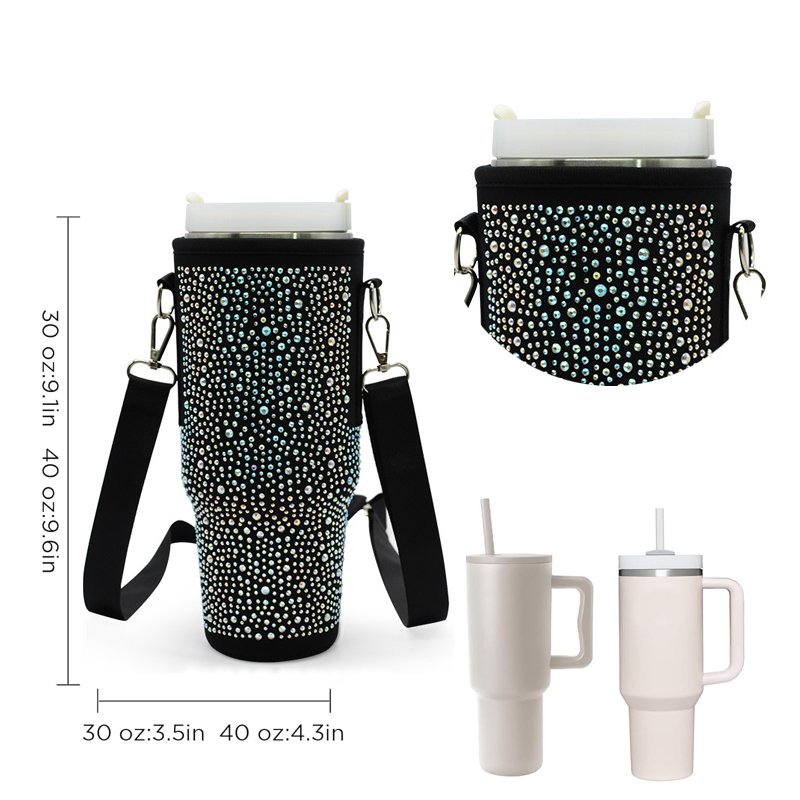 New Neoprene Rhinestone Water Bottle Holder Bag 40 oz Tumbler Bag Tumbler Accessories Bling Water Bottle Carrier With Strap 40oz