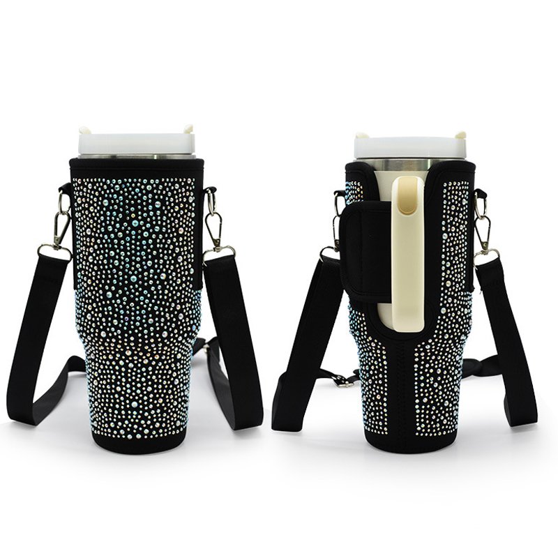 New Neoprene Rhinestone Water Bottle Holder Bag 40 oz Tumbler Bag Tumbler Accessories Bling Water Bottle Carrier With Strap 40oz