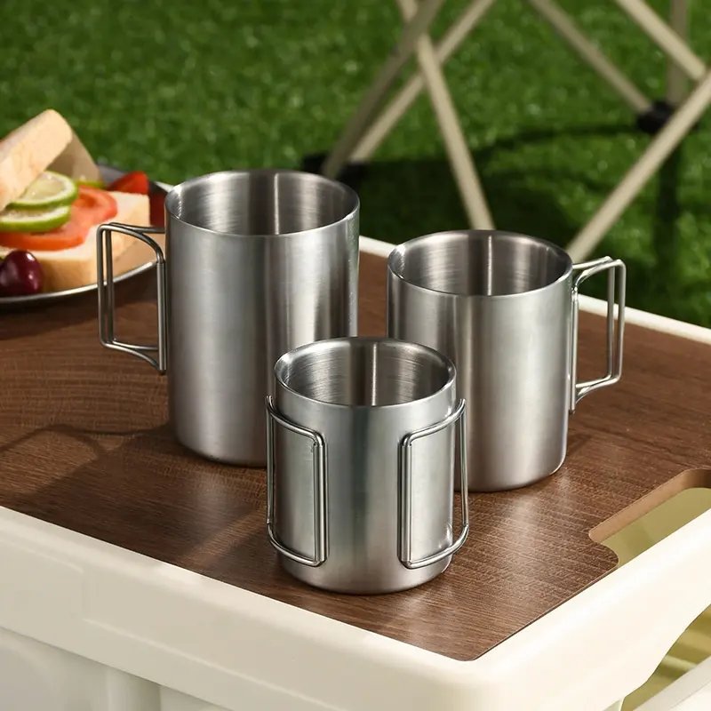 304 Stainless Steel Camping Mug Travel Mug Stainless Steel Cup With Foldable Handle