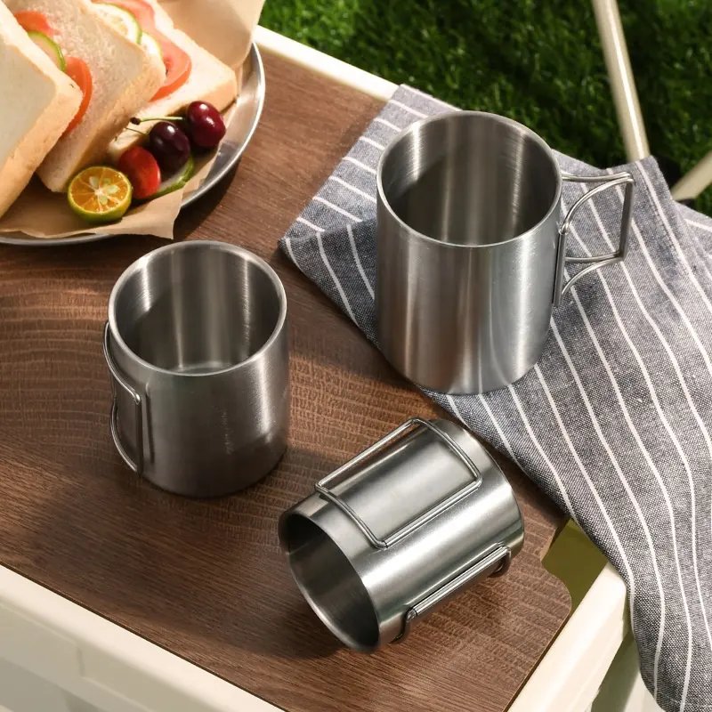 304 Stainless Steel Camping Mug Travel Mug Stainless Steel Cup With Foldable Handle