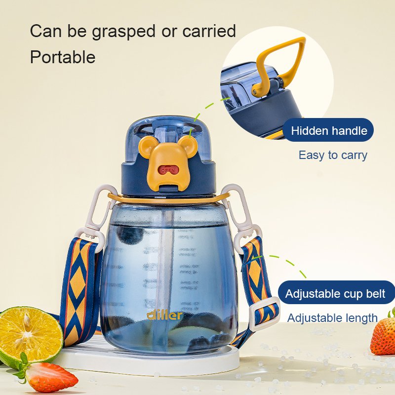 Wholesale New Fashionable bear Plastic Water Bottle Tritan BPA free Potbelly Straw Bottles With Strap