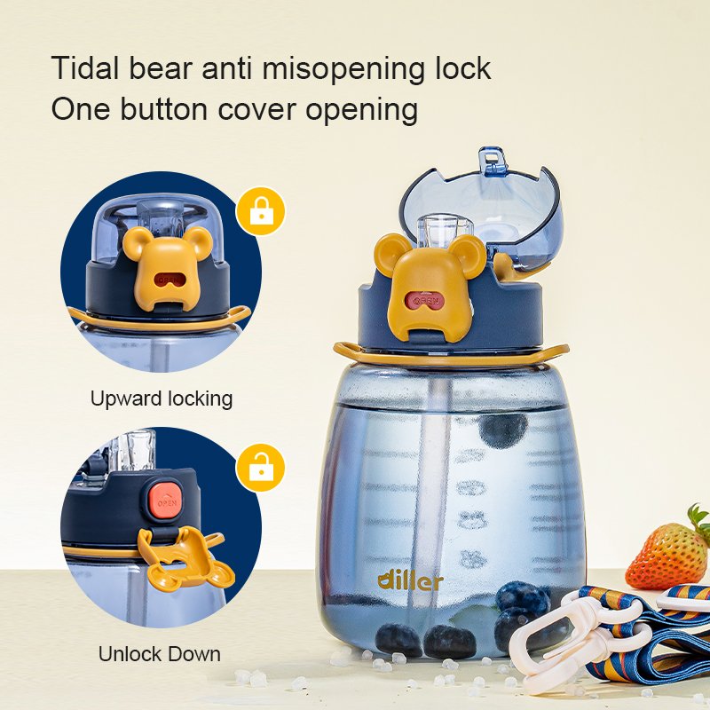 Wholesale New Fashionable bear Plastic Water Bottle Tritan BPA free Potbelly Straw Bottles With Strap