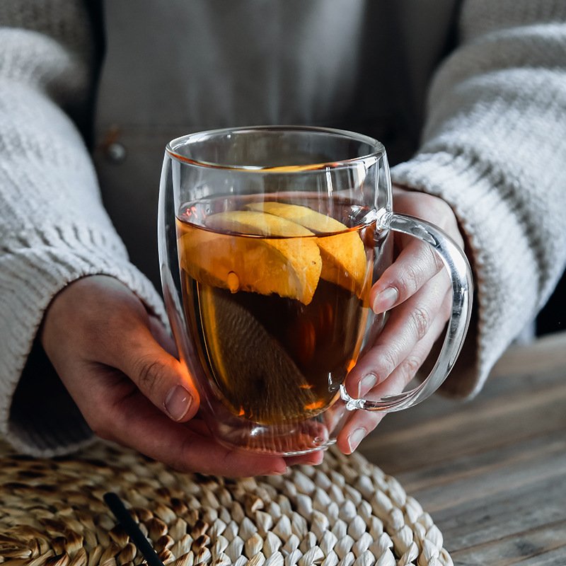 Different size high borosilicate double walled glass coffee cup mug with handle