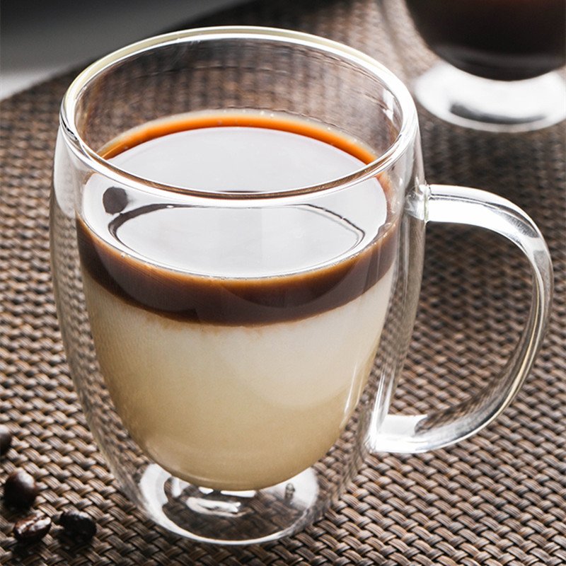 Different size high borosilicate double walled glass coffee cup mug with handle