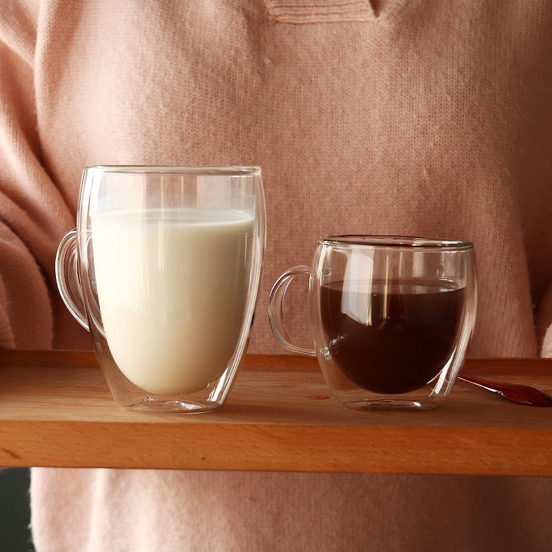 Different size high borosilicate double walled glass coffee cup mug with handle