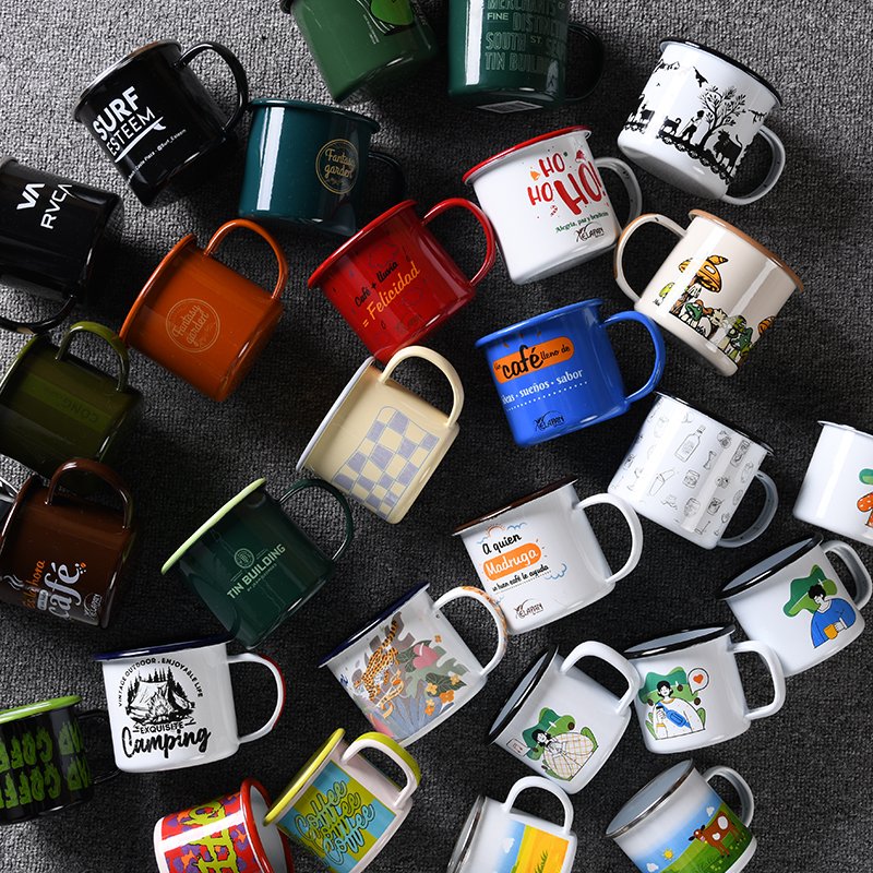Wholesale 12oz 16oz Campfire Tea Cup Customized Logo Printed Travel Camping Metal Ceramic Enamel Coffee Mug for Promotional Gift