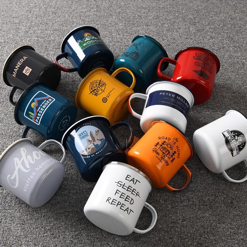 Wholesale 12oz 16oz Campfire Tea Cup Customized Logo Printed Travel Camping Metal Ceramic Enamel Coffee Mug for Promotional Gift