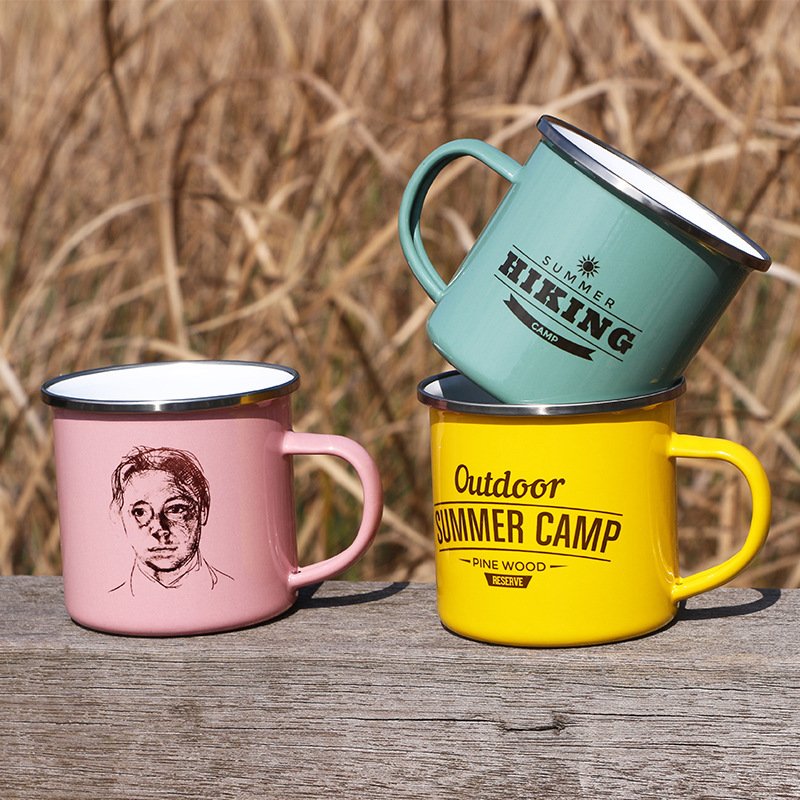 Wholesale 12oz 16oz Campfire Tea Cup Customized Logo Printed Travel Camping Metal Ceramic Enamel Coffee Mug for Promotional Gift