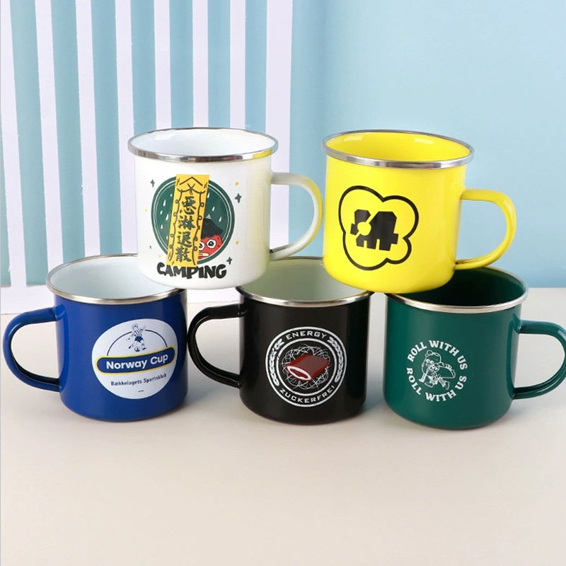 Wholesale 12oz 16oz Campfire Tea Cup Customized Logo Printed Travel Camping Metal Ceramic Enamel Coffee Mug for Promotional Gift