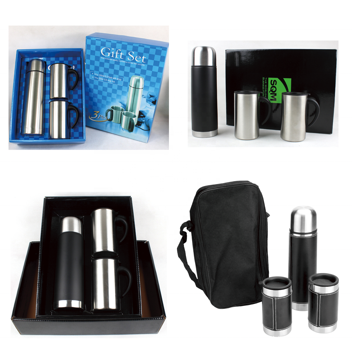 Classical double wall stainless steel vacuum flask gift box set with 2 travel mug PU leather bag pouch 500ml 750ml
