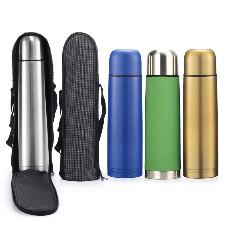 Classical double wall stainless steel vacuum flask gift box set with 2 travel mug PU leather bag pouch 500ml 750ml