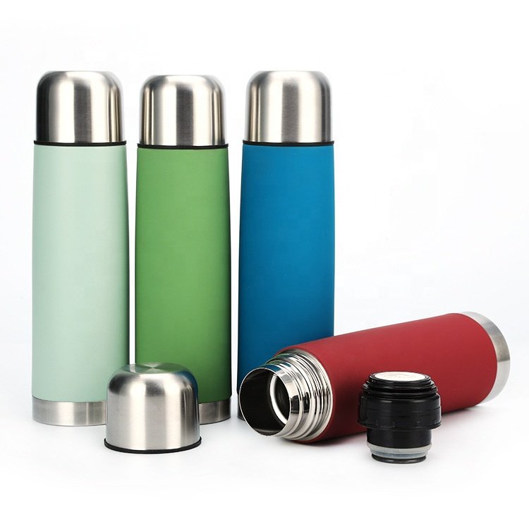 Classical double wall stainless steel vacuum flask gift box set with 2 travel mug PU leather bag pouch 500ml 750ml