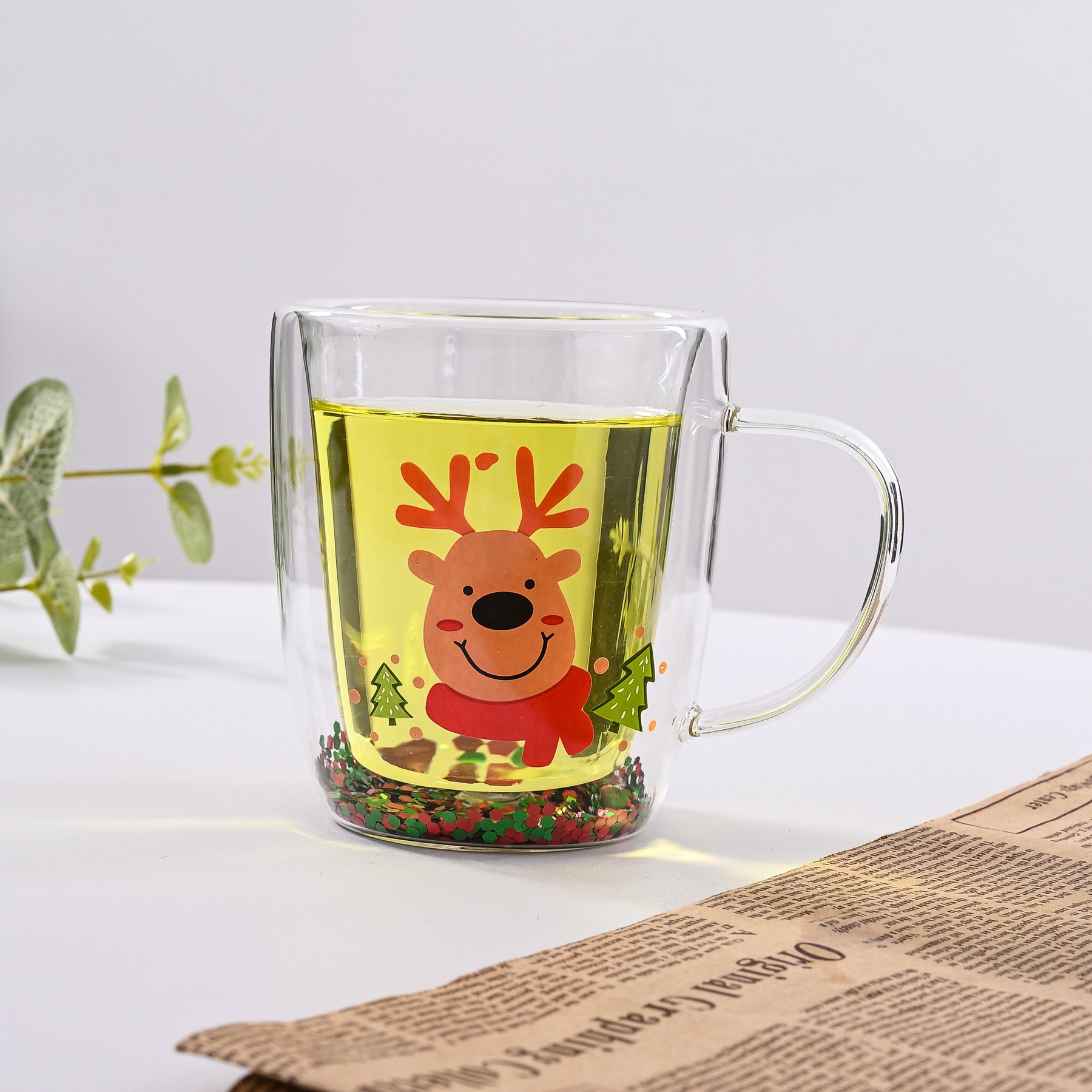 Custom Logo High Quality Deer Luxury Borosilicate Glass Christmas Coffee Mugs For Kids Espresso Glass Cup For Milk and Tea