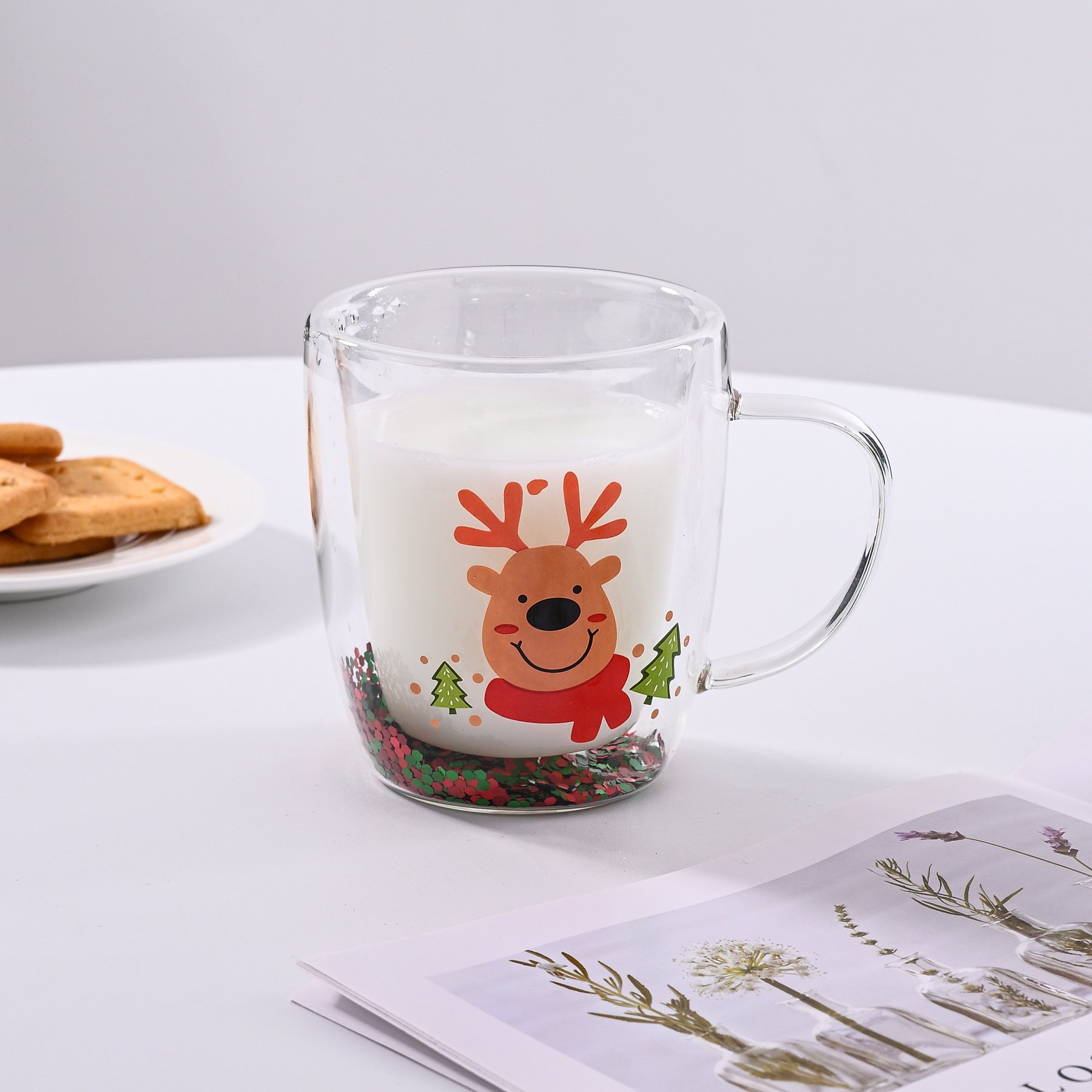 Custom Logo High Quality Deer Luxury Borosilicate Glass Christmas Coffee Mugs For Kids Espresso Glass Cup For Milk and Tea
