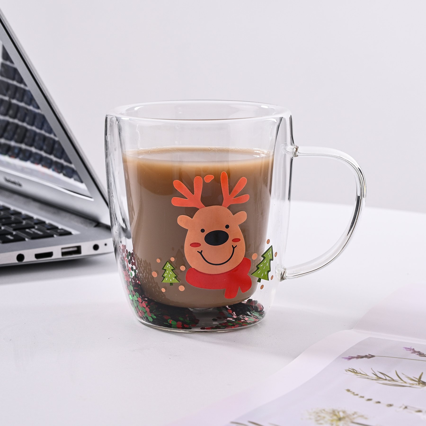 Custom Logo High Quality Deer Luxury Borosilicate Glass Christmas Coffee Mugs For Kids Espresso Glass Cup For Milk and Tea