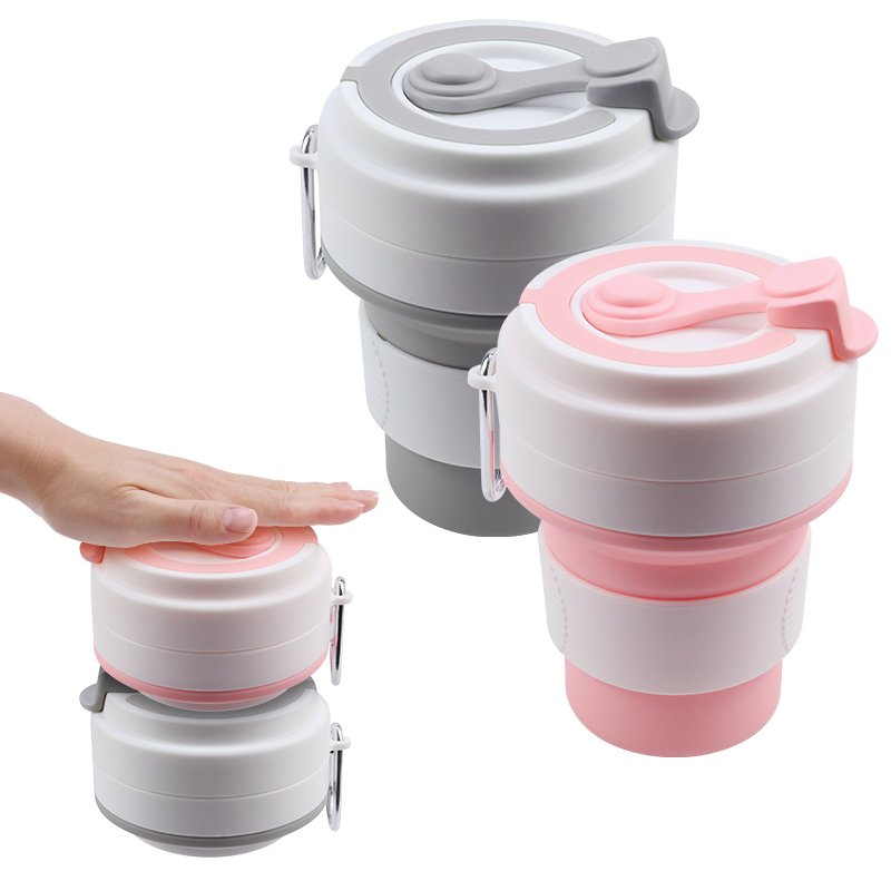 Portable Silicone Collapsible Folding Travel Mug 350ml Outdoor Foldable Silicone Coffee Water Cup Mug with Lid and Carabiner