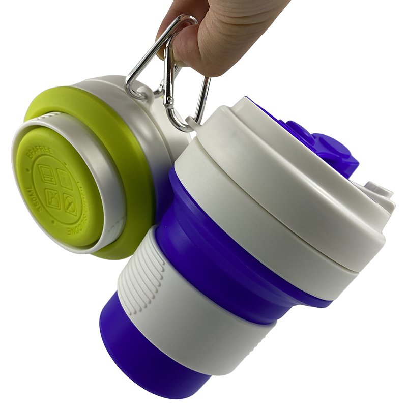 Portable Silicone Collapsible Folding Travel Mug 350ml Outdoor Foldable Silicone Coffee Water Cup Mug with Lid and Carabiner