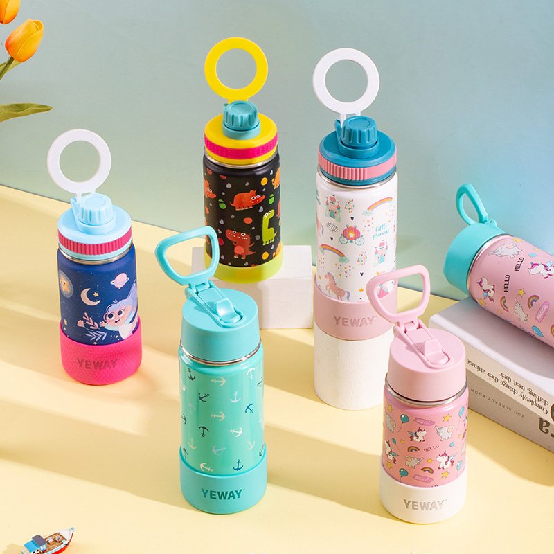 OEM 350 ml 12oz Bpa Free Custom Strap handle straw lid cute kawaii double wall Stainless Steel Vacuum Flask water bottle for kid