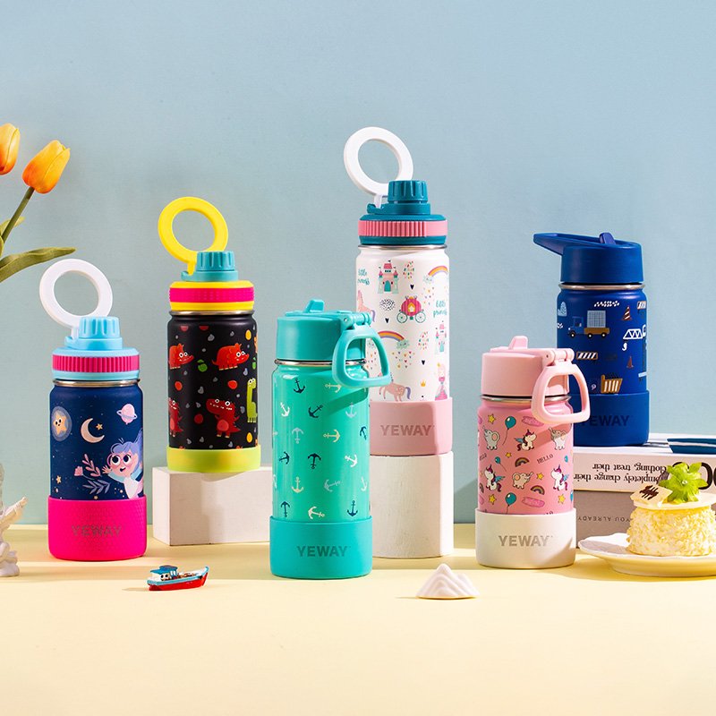 OEM 350 ml 12oz Bpa Free Custom Strap handle straw lid cute kawaii double wall Stainless Steel Vacuum Flask water bottle for kid