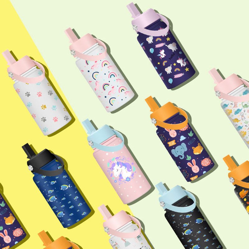 OEM 350 ml 12oz Bpa Free Custom Strap handle straw lid cute kawaii double wall Stainless Steel Vacuum Flask water bottle for kid