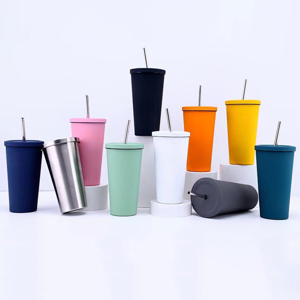 Custom 500ml 750ml Stainless Steel Straw Insulated Mug Large Capacity Water Bottle Double-layer Vacuum Coffee Cup With Brush