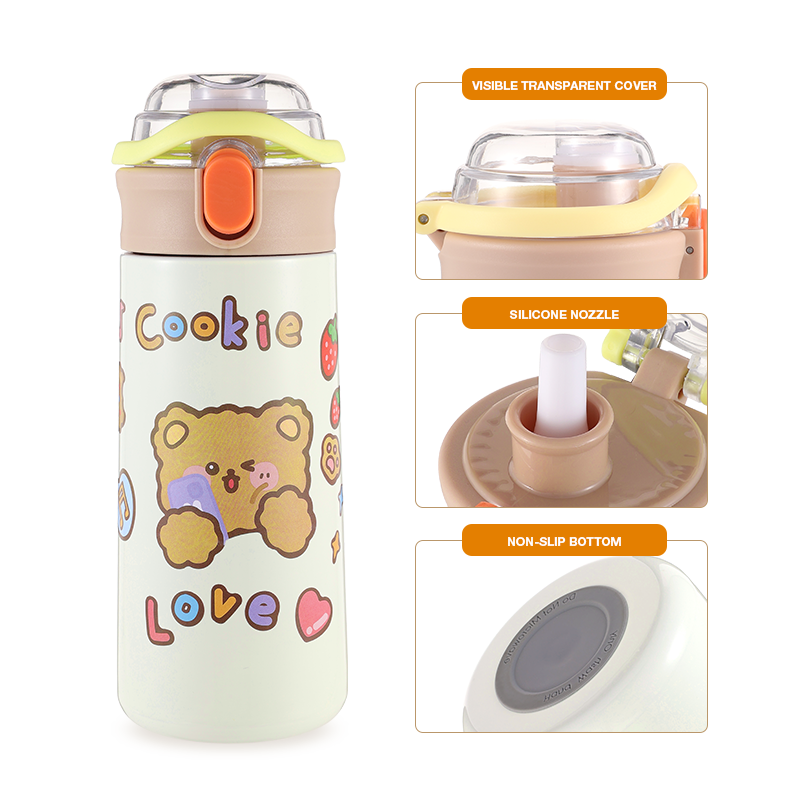 Kids Water Bottle Lovely Bear Insulated Water Bottle Stainless Steel with Straw Easy Open And Clean Leak Proof