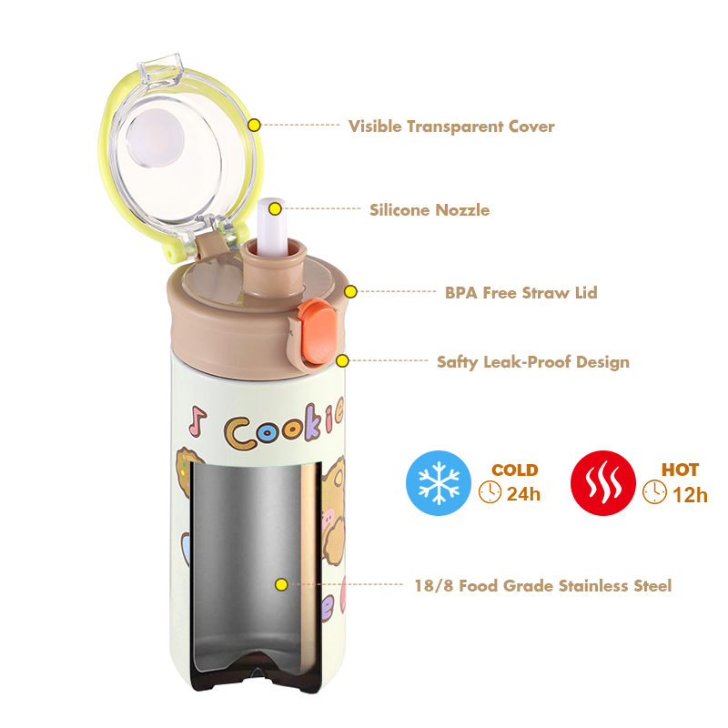 Kids Water Bottle Lovely Bear Insulated Water Bottle Stainless Steel with Straw Easy Open And Clean Leak Proof