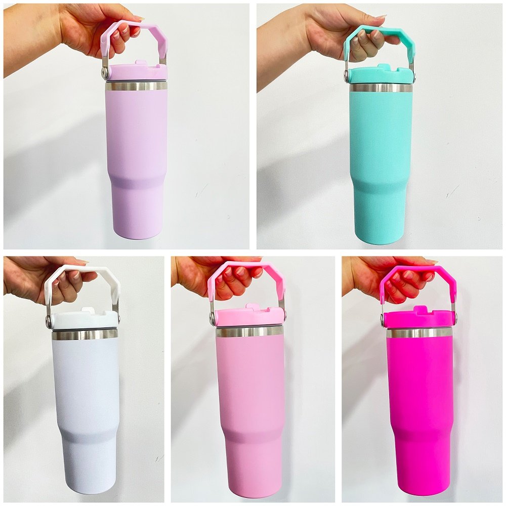 flip straw 30oz matte macaron blank sublimation double walled stainless steel leak proof tumbler water bottle with handle