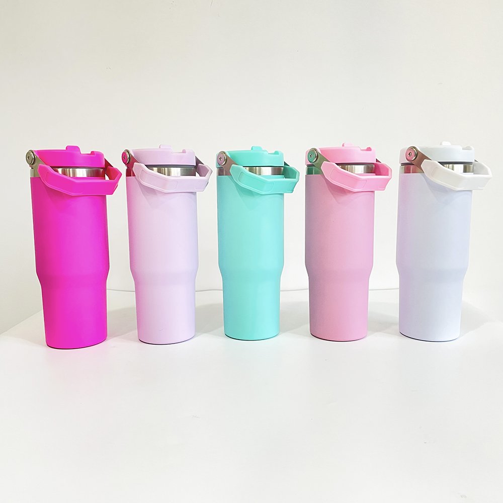 flip straw 30oz matte macaron blank sublimation double walled stainless steel leak proof tumbler water bottle with handle