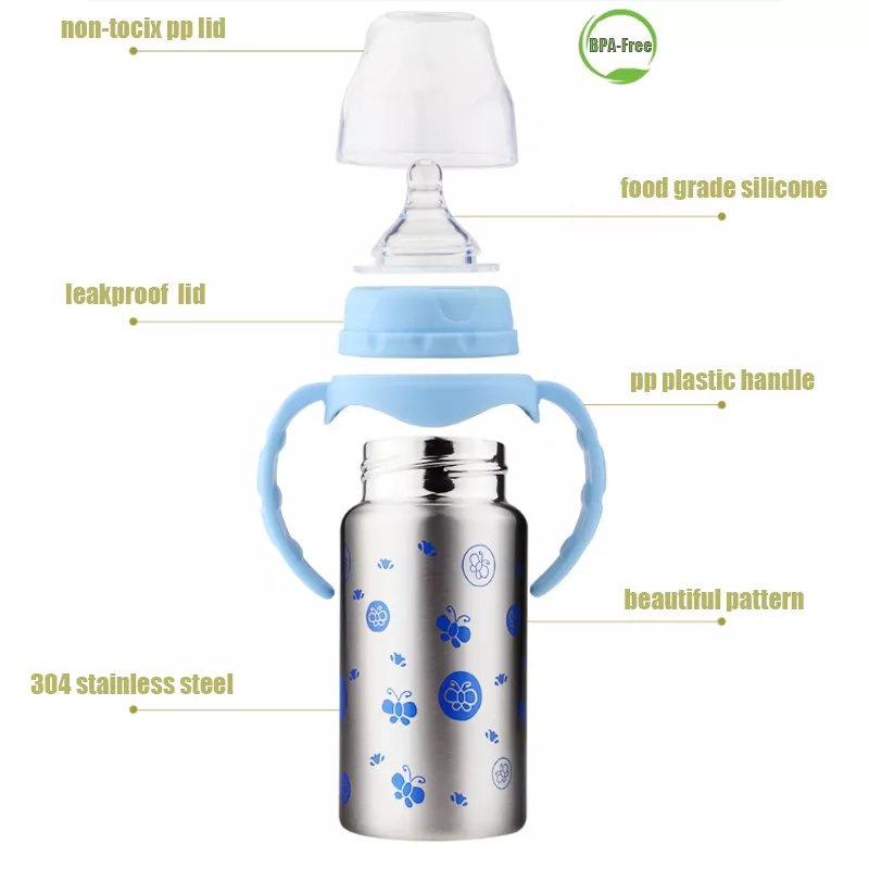 Double Wall Baby Flask Bottle Pacifier Stainless Kids Milk Feeding Water Bottle With Nipple