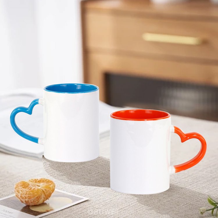 High Quality Porcelain Color Coated Heart Shaped Handle Ceramic Mugs Classic Drinking Cup Sublimation Blank Coffee Mugs
