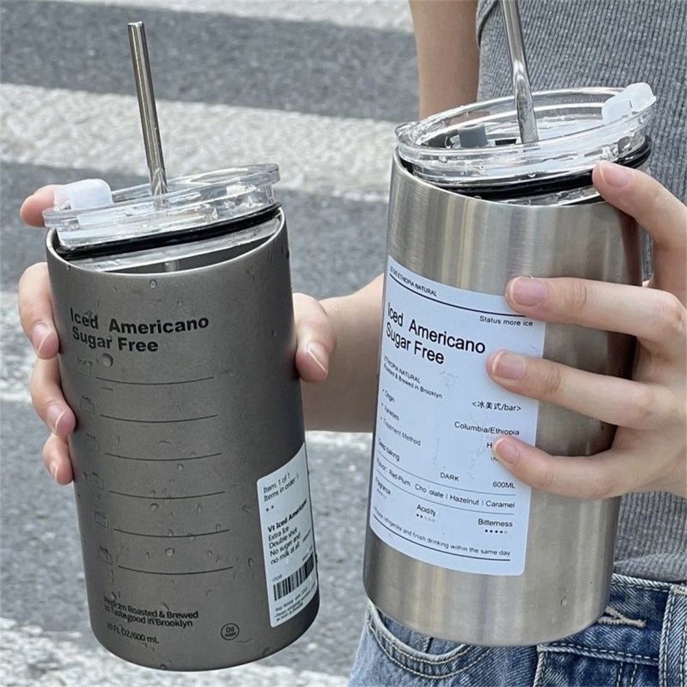 Coffee Mug Thermos Stainless Steel Double Wall Cup With Straw And Lid Portable Reusable Ins Ice American Coffee Mug Water Bottle