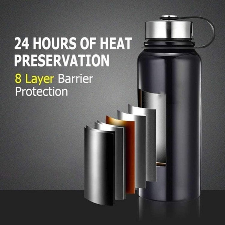 Portable Large Capacity 1L Sports Thermos Stainless Steel Bottle Insulated Vacuum Flask Black Water Bottle with Straw Lid