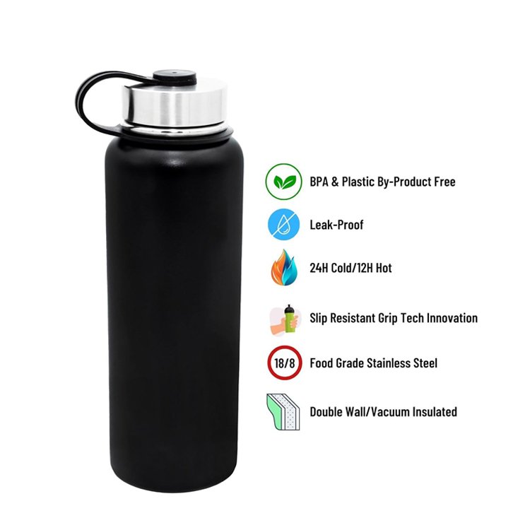 Portable Large Capacity 1L Sports Thermos Stainless Steel Bottle Insulated Vacuum Flask Black Water Bottle with Straw Lid