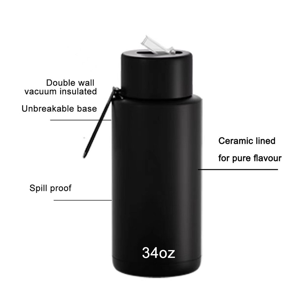Custom 34oz stainless steel vacuum flask reusable KEWIXY style double wall insulated 34oz ceramic water bottle with straw