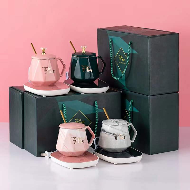 home ceramic mugs with lid and USB warmer heated coffee mug heater gift sets custom logo