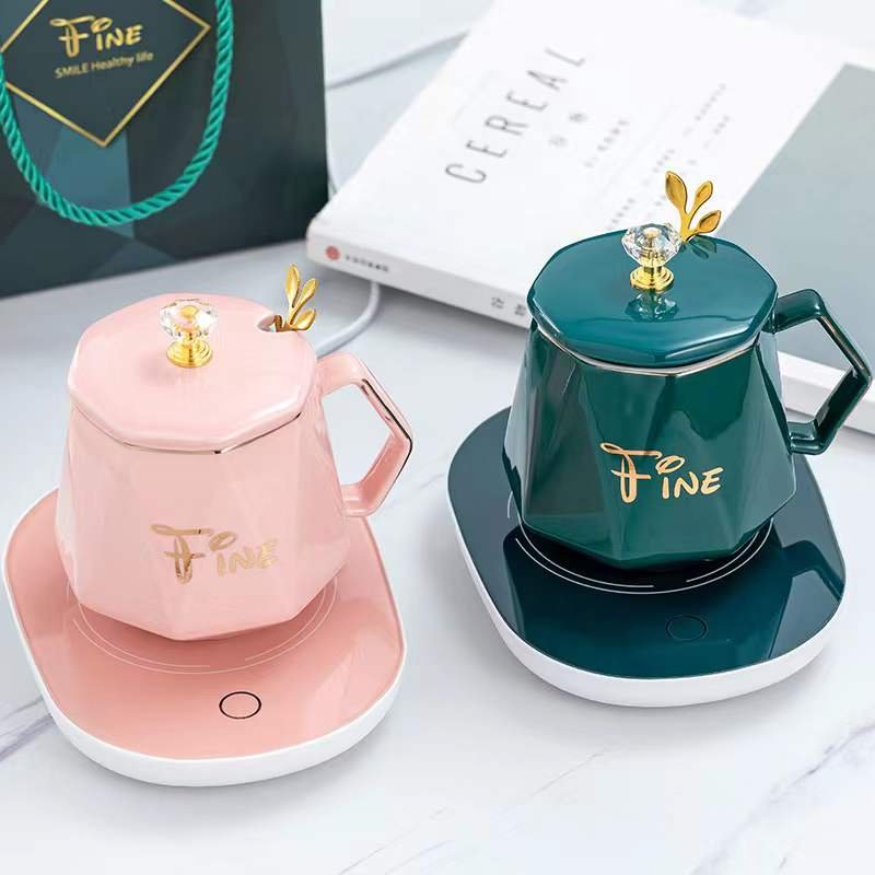 home ceramic mugs with lid and USB warmer heated coffee mug heater gift sets custom logo