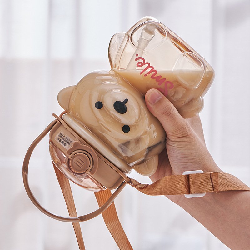 DD1893 Kawaii Portable Leakproof Bear Drinking Cup with Straw Strap Sports Camping Picnic Travel Kids Cute Bear Water Bottle